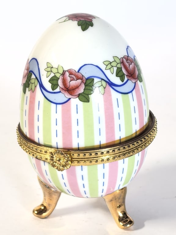 Pastel Striped & Rose Footed Porcelain Egg Box: Pastel Striped & Rose Footed Porcelain Egg Box, 3.5in by 2.5in