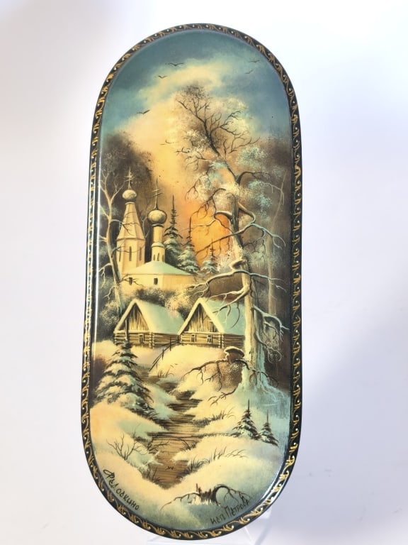 Signed Fedoskino Russian Lacquer Long Oval Box (1 of 6)