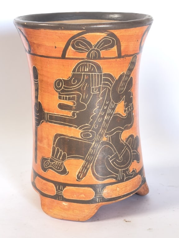 Maya Style Costa Rican Polychrome Cylinder Vase: Maya Style Costa Rican Polychrome Cylinder Vase, 6.25in by 4.5in