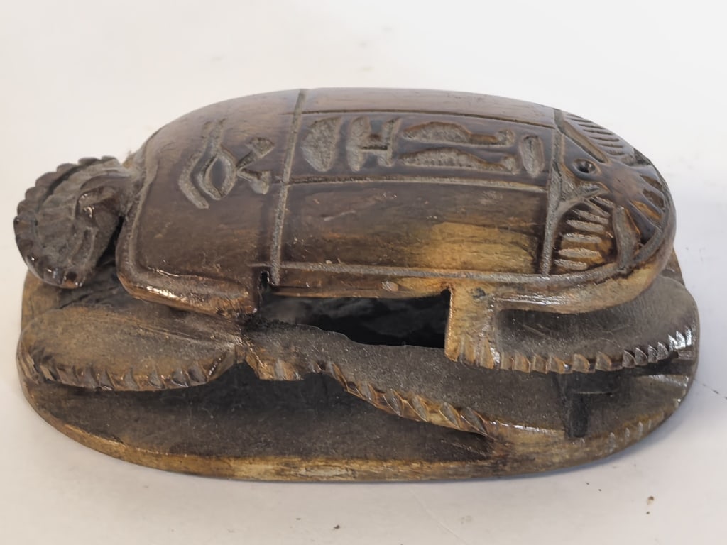 Carved Stone Egyptian Scarab Beetle: Carved Stone Egyptian Scarab Beetle, 3.5in by 2.25in by 1.25in