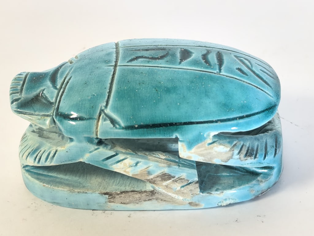 Egyptian Turquoise Glazed Scarab: Egyptian Turquoise Glazed Scarab, 3.25in by 2.25in by 1.5in
