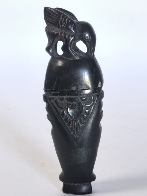 Vintage Balinese Carved Horn Figural Container: Vintage Balinese Carved Horn Figural Container, 5in by 1.5in
