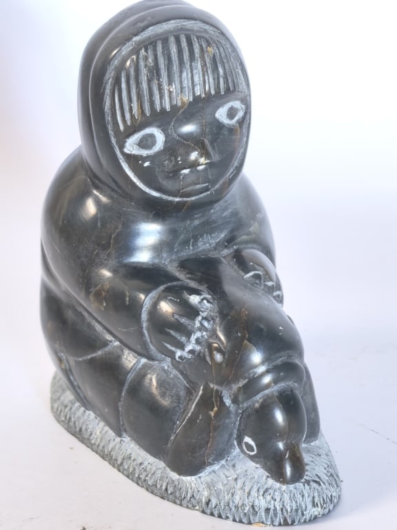 Signed Canadian InuitCarved Stone Hunter and Seal: Signed Canadian InuitCarved Stone Hunter and Seal, 4in by 4in by 2in