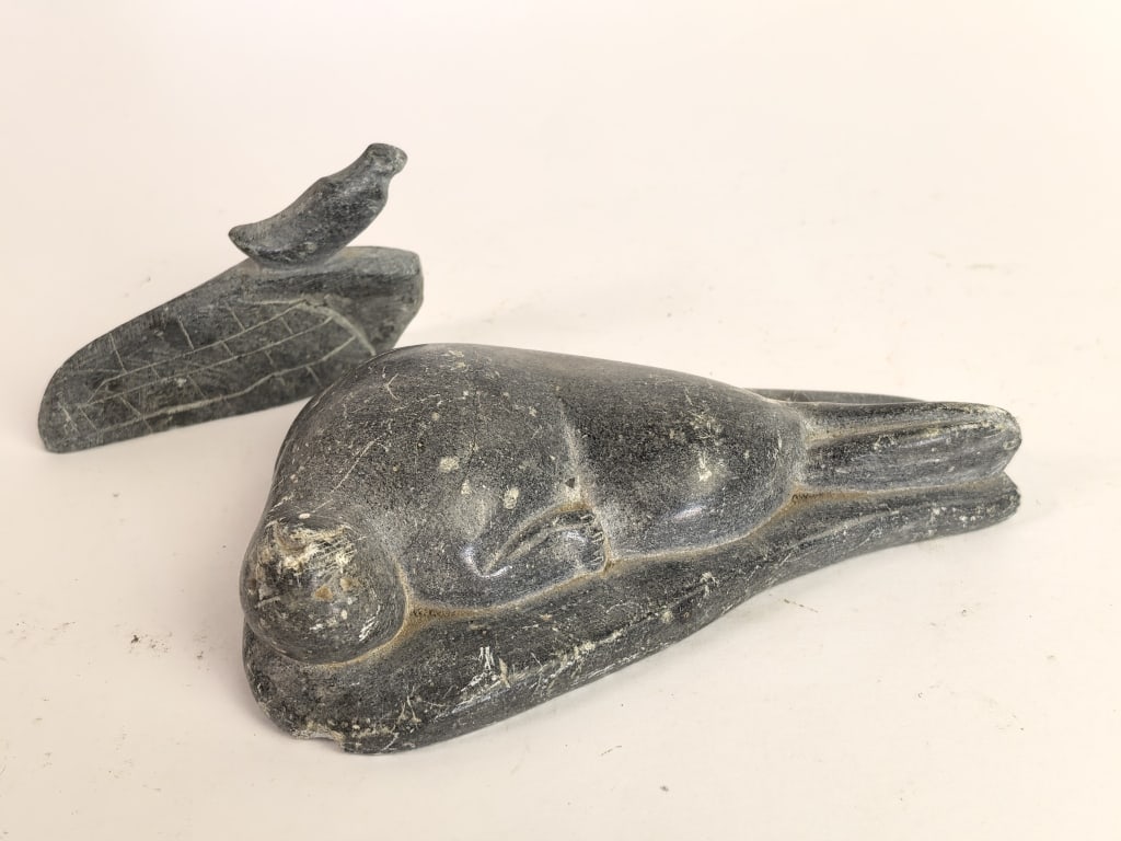 (2) Canadian Inuit Carved Soapstone Marine Wildlif: (2) Canadian Inuit Carved Soapstone Marine Wildlife Carvings, 5.5in by 3.5in