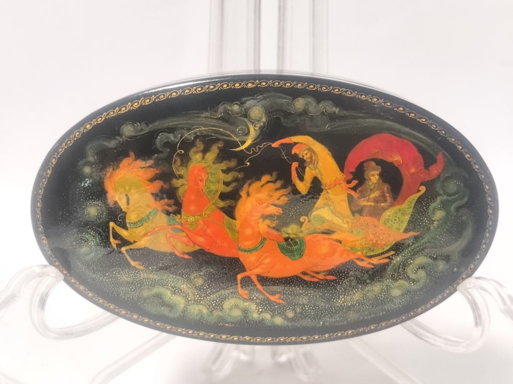 Signed Russian Lacquer Miniature Oval Box "Celest": Signed Russian Lacquer Miniature Oval Box "Celestial Troika", 5.5in by 1.25in by 1.25in