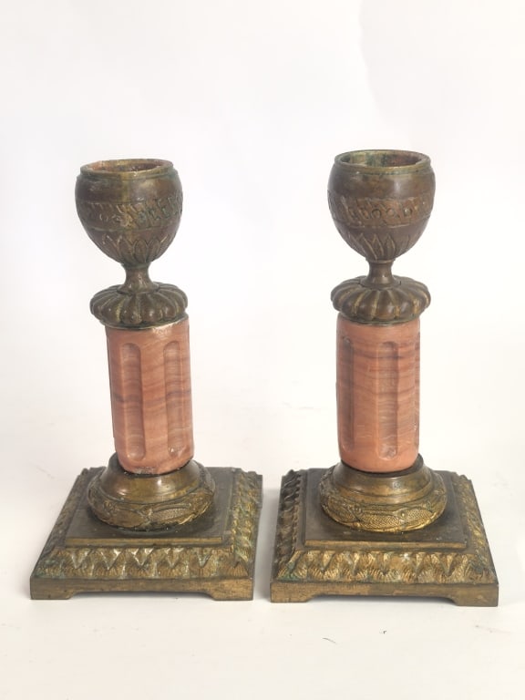 Pr. of Neoclassical Style Bronze & Red Onyx Candle: Pr. of Neoclassical Style Bronze & Red Onyx Candlesticks, 5in by 2.5in by 2.5in