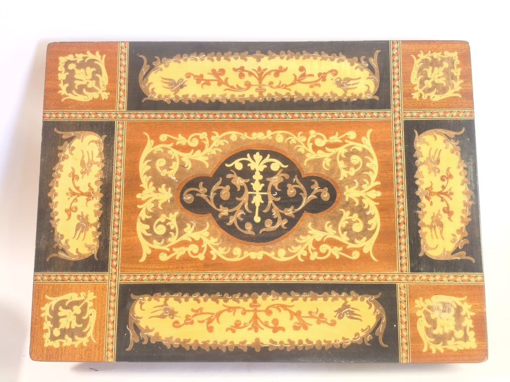 Vintage Italian Sorrento Marquetry Reuge Music Box: Vintage Italian Sorrento Marquetry Reuge Music Box, 14.5in by 10.5in by 2.5in, Missing Pedestal Foot, Winds But Doesn't Play