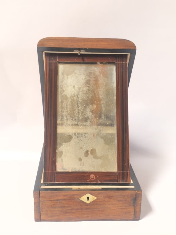 Antique Rosewood Dressing Box with Vanity Mirror: Antique Rosewood Dressing Box with Vanity Mirror, 11.5in by 7.5in by 3.5in