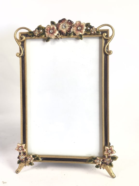 Enamelled & Gilt Brass Floral Standing Photo Frame: Enamelled & Gilt Brass Floral Standing Photo Frame, 7.5in by 5in