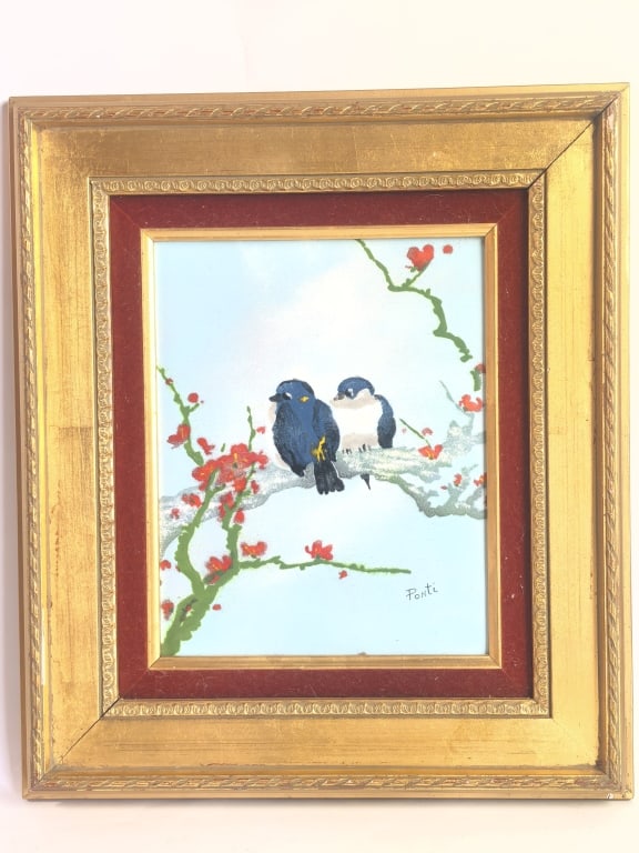 Signed Ponti "Two Birds on a Flowering Branch" Pai: Signed Ponti "Two Birds on a Flowering Branch" Enameled Copper Painting, 16in by 14in by 1.75in