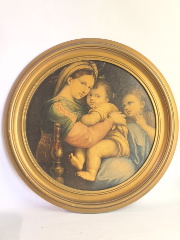 Vintage Framed Tondo Print: "Madonna della Seggiol (1 of 4)