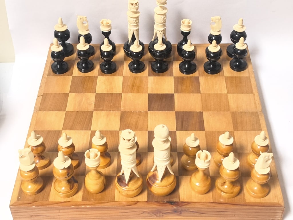 Turned Wood & Bovine Bone Chess Set with Board (1 of 6)