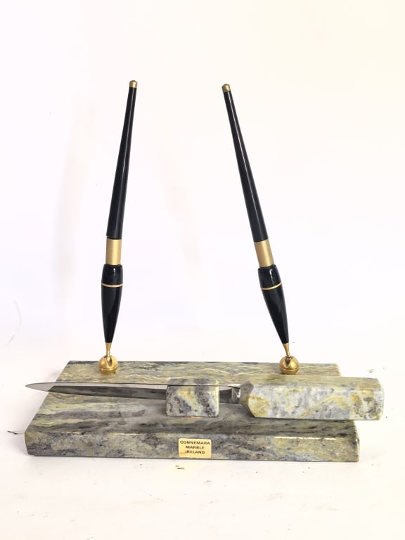 Connemara Marble Double Desk Pen Stand & Letter Op: Connemara Marble Double Desk Pen Stand & Letter Opener, 8.5in by 8.5in by 3.75in