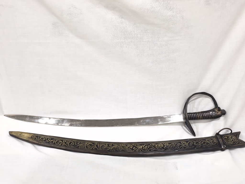 Indo-Persian Style Curved Scimitar: Indo-Persian Style Curved Scimitar, 50in by 29in