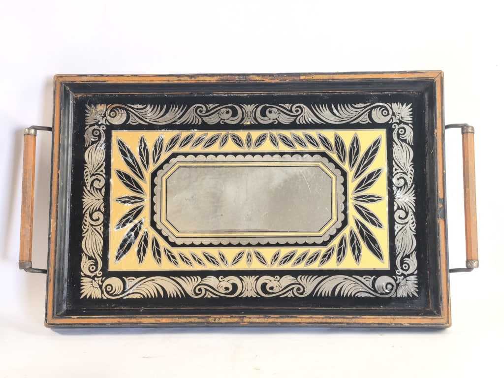 Antique Painted Glass & Ebonised Wood Serving Tray (1 of 5)