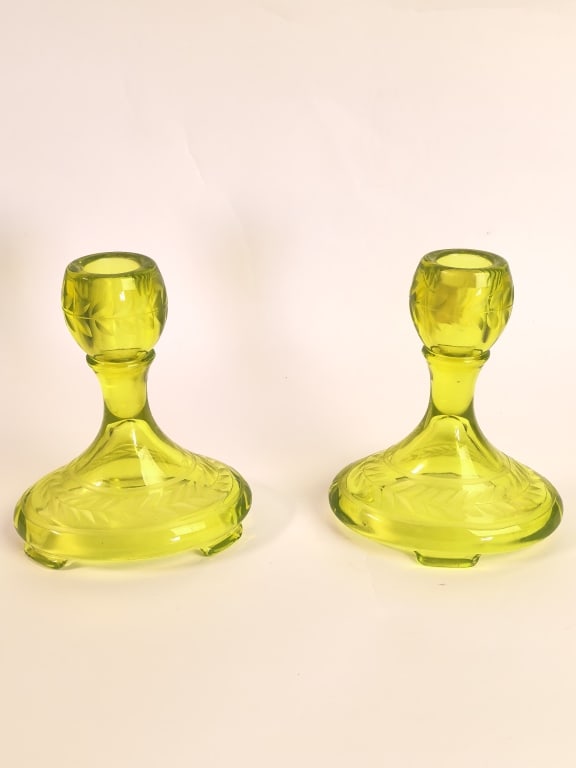 Pr. of Vintage Fosteria Alexis Green Glass Candles: Pr. of Vintage Fosteria Alexis Green Glass Candlesticks, 5in by 4 1/8in by 3in