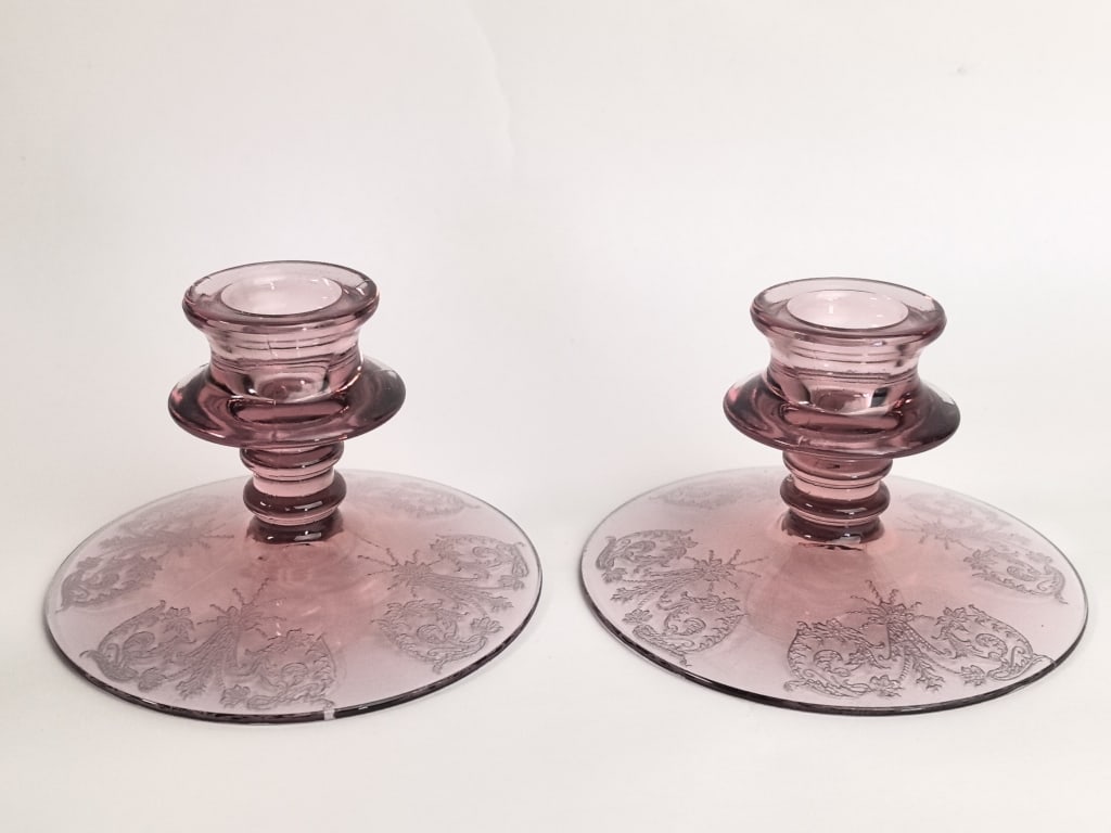 Pr. of Vintage Cambridge Etched Peachblow Pink Gla (1 of 4)