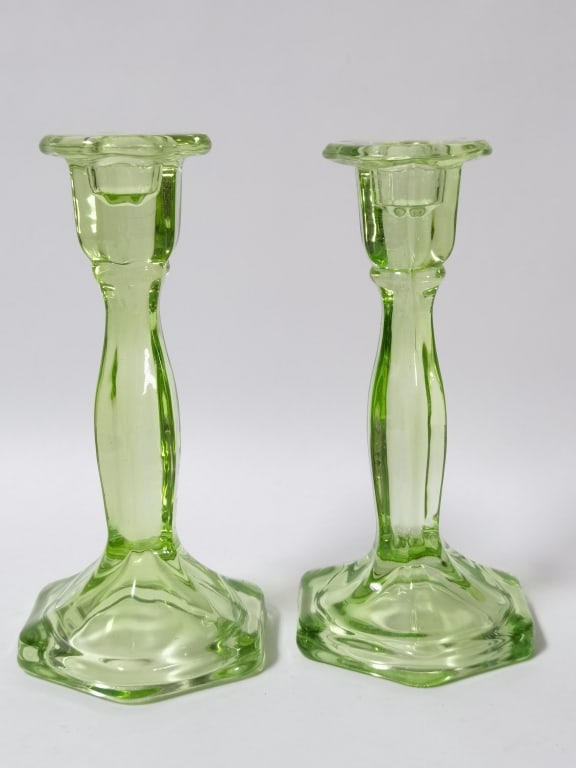 Pr. of Green Depression Glass Candlesticks (1 of 4)