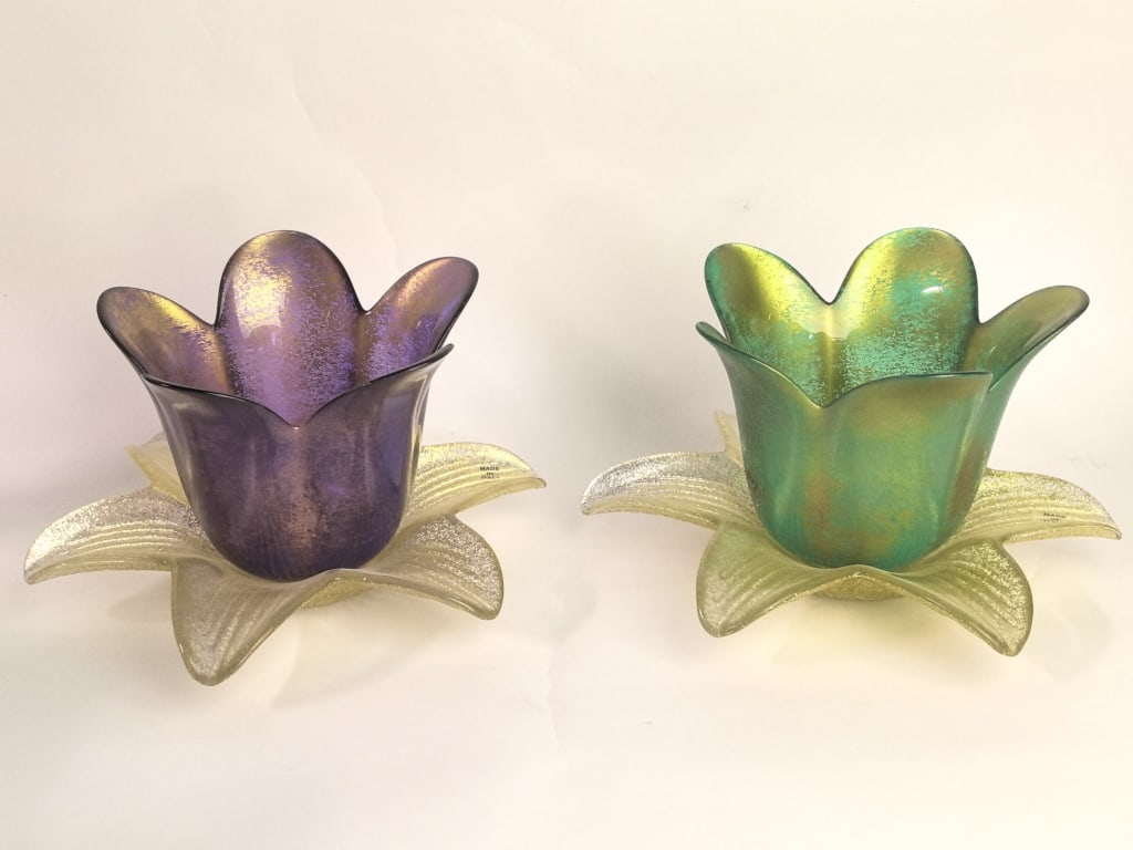 (2) Vintage Italian Gold Glitter Art Glass Flower: (2) Vintage Italian Gold Glitter Art Glass Flower Votives, 7.5in by 4.25in