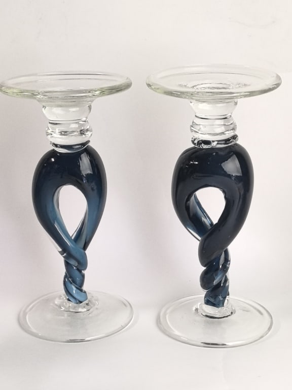 Pr. of Hand-Blown Ribbon Twist Art Glass Candlesti: Pr. of Hand-Blown Ribbon Twist Art Glass Candlesticks, 9.25in by 4.5in