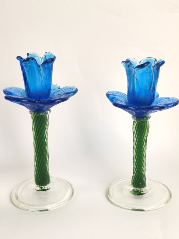 Pr. of Murano Italy Blue Floral Art Glass Candlest: Pr. of Murano Italy Blue Floral Art Glass Candlesticks, 7in by 3.5in