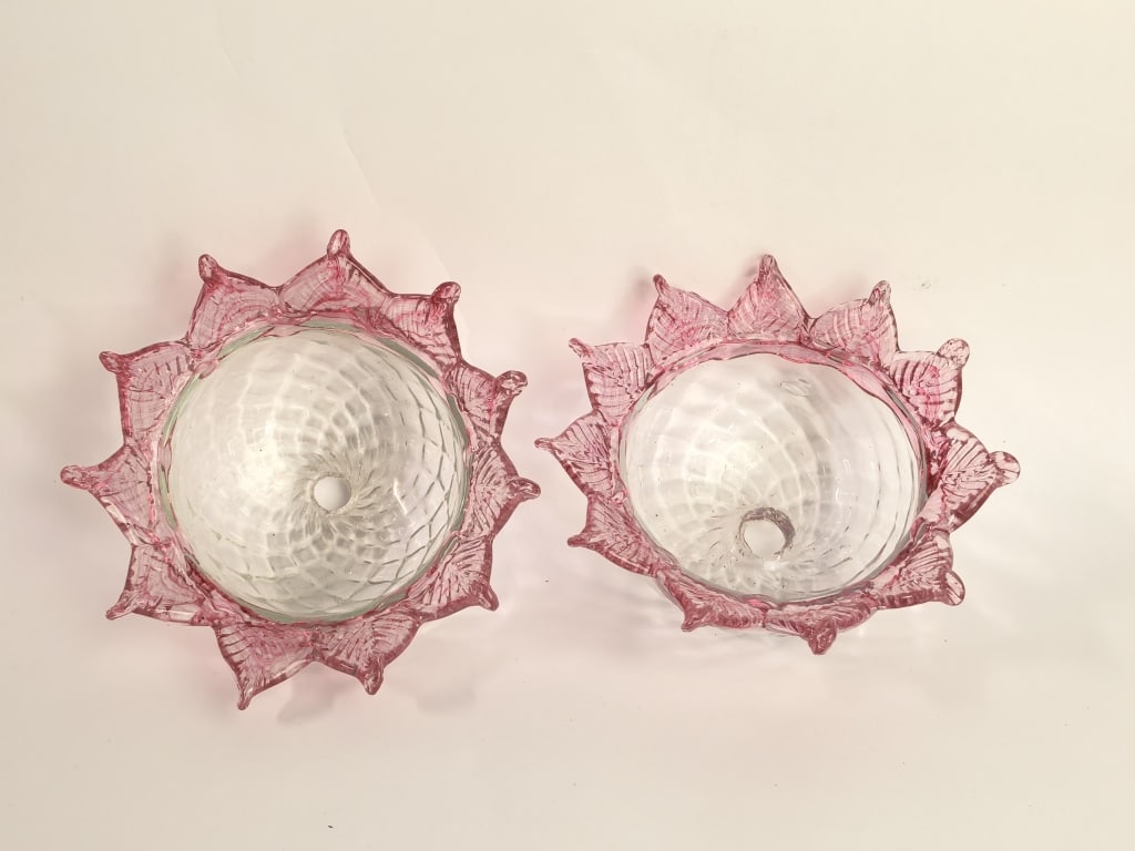 Pr. of Murano Pink & Clear Glass Lamp Shades: Pr. of Murano Pink & Clear Glass Lamp Shades, 5.75in by 3in