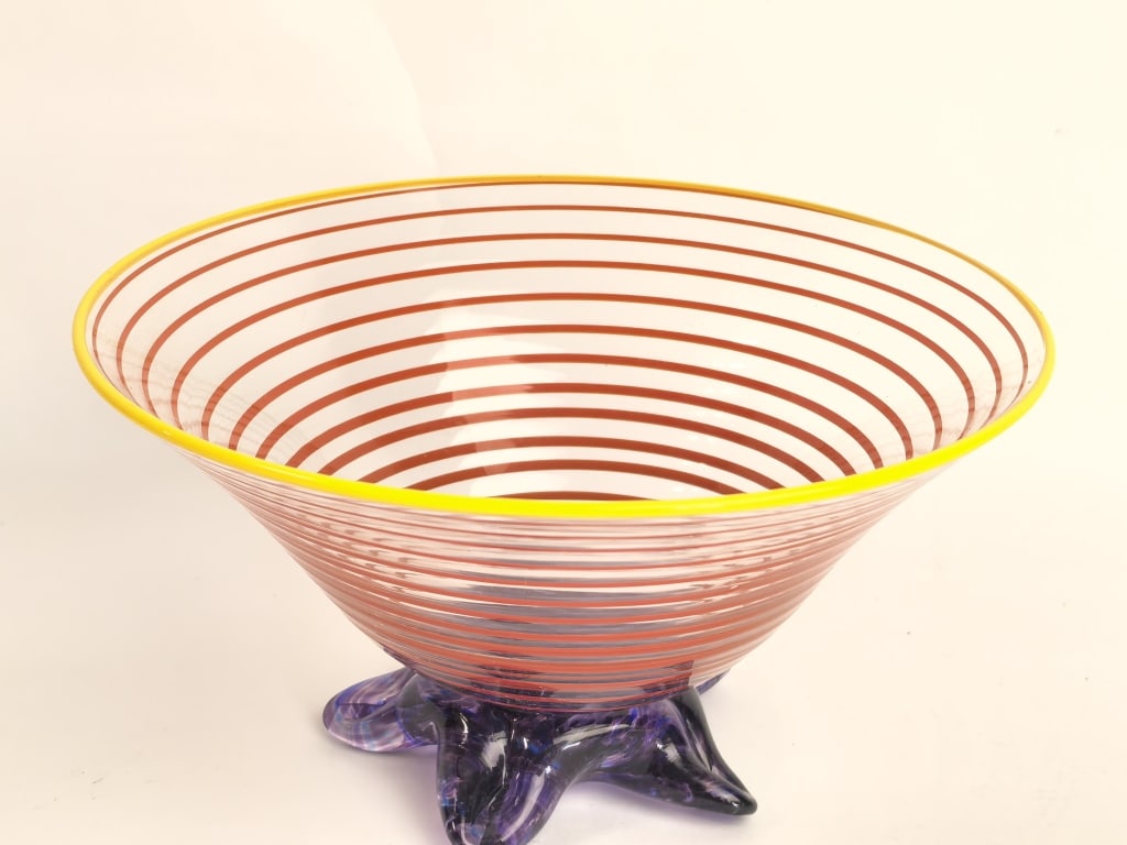 Signed Threaded Art Glass Footed Conical Centerpie (1 of 6)