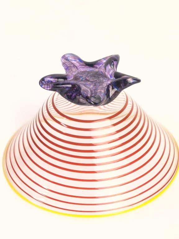 Signed Threaded Art Glass Footed Conical Centerpie - 4