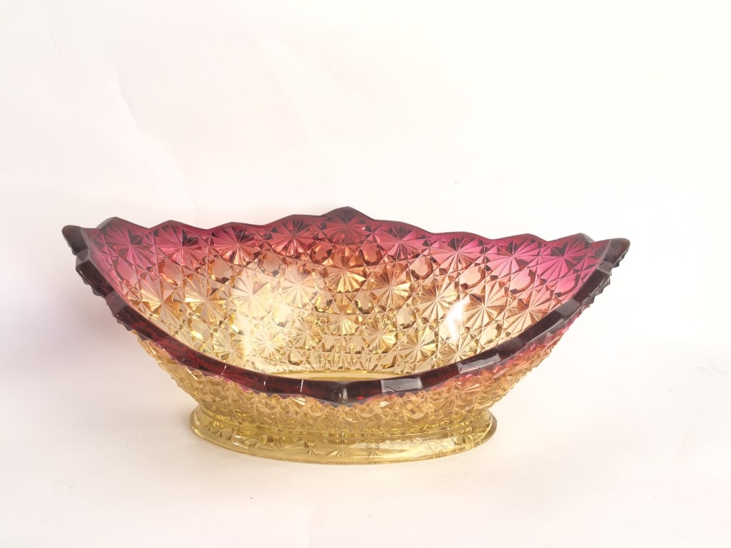 Victorian Amberina Cut Glass Boat-Form Centerpiece: Victorian Amberina Cut Glass Boat-Form Centerpiece Bowl, 9.75in by 8.75in by 4in