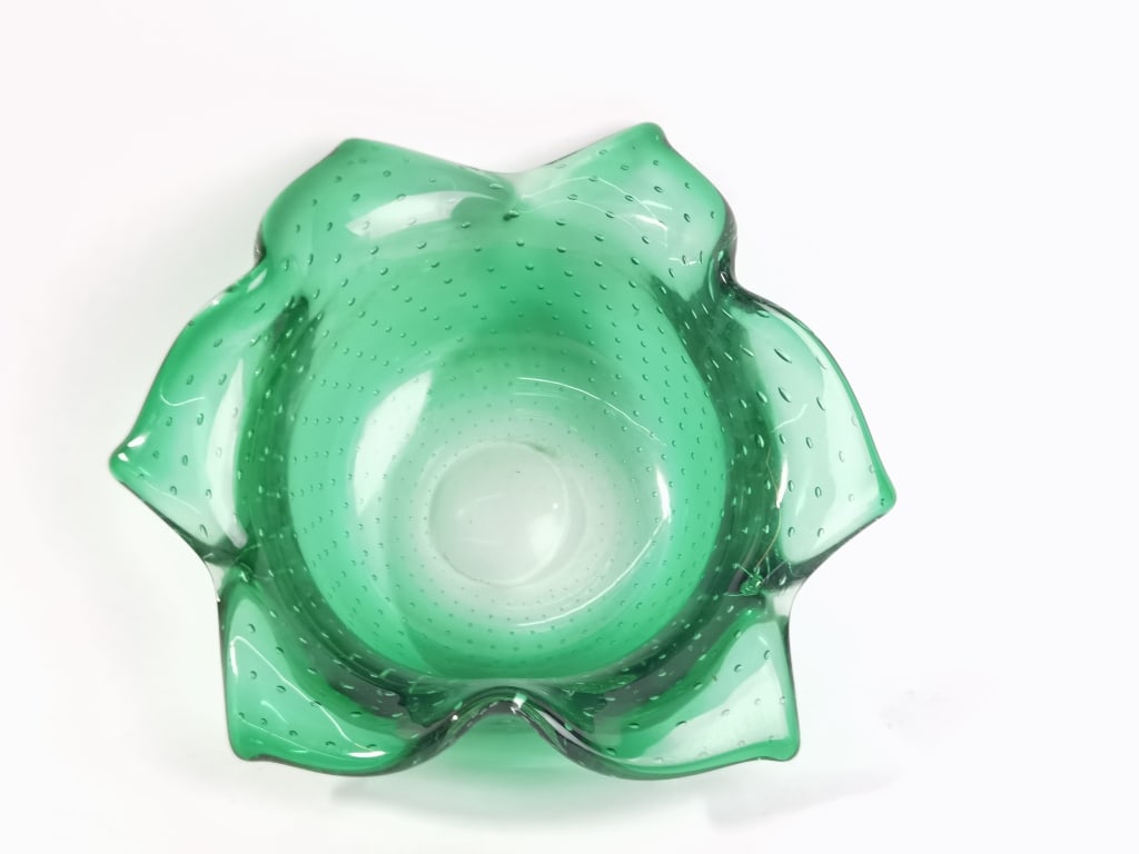 Vintage Murano Italy Controlled Bubble Green Glass: Vintage Murano Italy Controlled Bubble Green Glass Flower Bowl, 6.5in by 2.75in