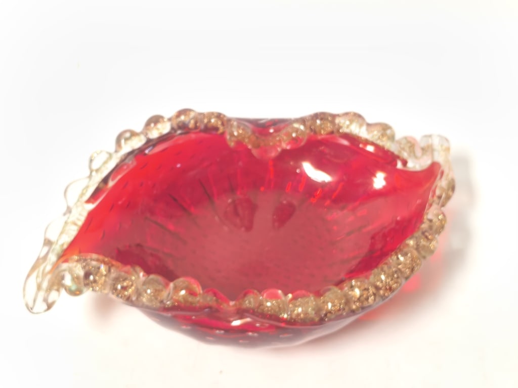 Murano Italy Ruby Red Frilled Edge Art Glass Dish: Murano Italy Ruby Red Frilled Edge Art Glass Dish, 9in by 6in by 2.25in