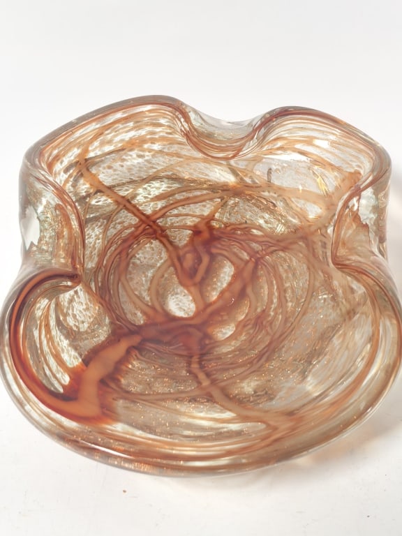Murano Italy Gold Dust Amber Swirl Art Glass Bowl: Murano Italy Gold Dust Amber Swirl Art Glass Bowl, 7.5in by 6in by 2.25in