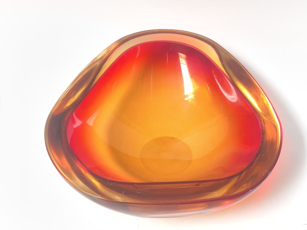 Murano Italy Sommerso Red and Amber Geode Glass Bo: Murano Italy Sommerso Red and Amber Geode Glass Bowl, 8.75in by 8.75in by 3.25in