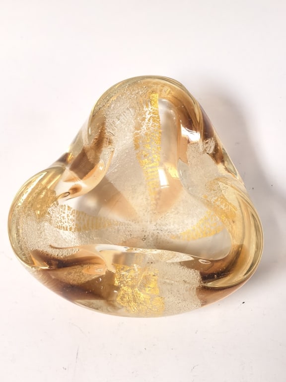 Murano Italy Clear and Gold Foil Tri-Corner Glass: Murano Italy Clear and Gold Foil Tri-Corner Glass Bowl, 5.25in by 5.25in by 2.25in