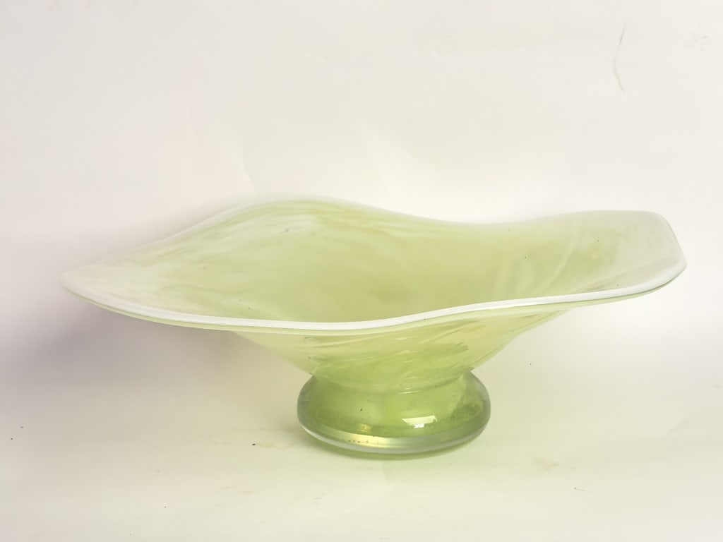 Mid-Century Modern Pale Green Frosted Art Glass Pe: Mid-Century Modern Pale Green Frosted Art Glass Pedestal Centerpiece, 14.75in by 5in