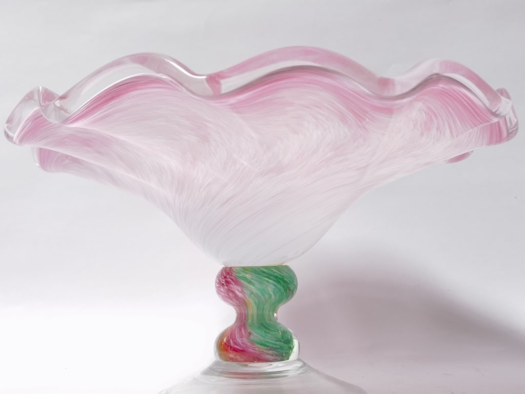 Large Pink Art Glass Ruffled Pedestal Bowl: Large Pink Art Glass Ruffled Pedestal Bowl, 12.5in by 7in