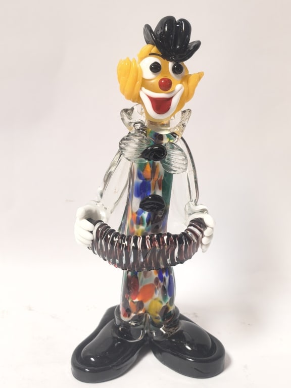 Murano Italy Glass Accordion-Playing Clown Figurin: Murano Italy Glass Accordion-Playing Clown Figurine, 9.5in by 4in