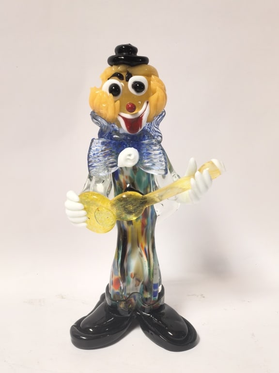 Murano Italy Glass Lute-Playing Clown Figurine: Murano Italy Glass Lute-Playing Clown Figurine, 9.5in by 5.5in