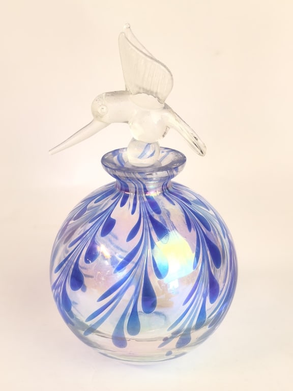 Vintage Iridescent Blue Pulled Feather Glass Perfu: Vintage Iridescent Blue Pulled Feather Glass Perfume Bottle with Bird Stopper, 5 5/8in by 3.25in
