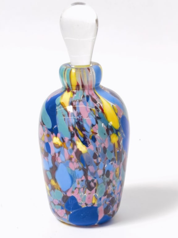Murano Style Multi-Color Spatter Glass Perfume Bot: Murano Style Multi-Color Spatter Glass Perfume Bottle, 4.75in
