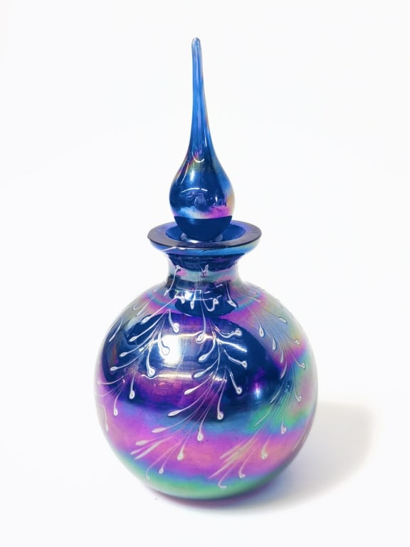 Vintage Iridescent Dichroic Art Glass Perfume Bott: Vintage Iridescent Dichroic Art Glass Perfume Bottle, 6in
