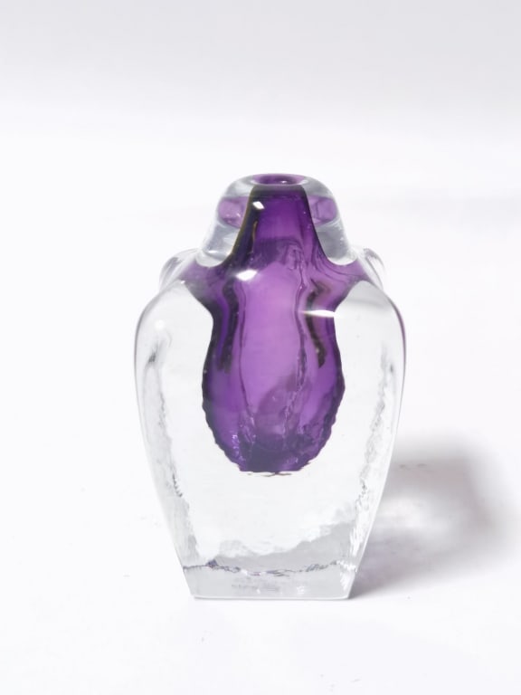 1993 Signed Clear Overcast Amethyst Glass Bottle: 1993 Signed Clear Overcast Amethyst Glass Bottle, 3 3/16in