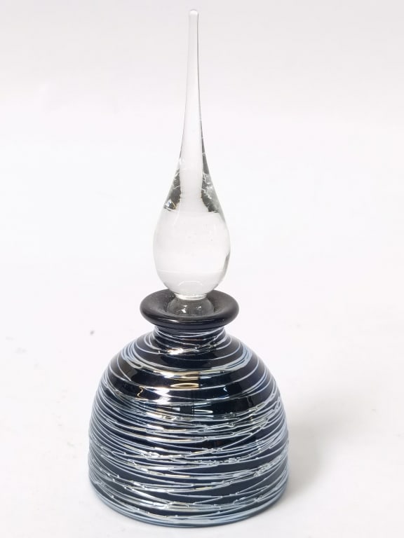 Vintage Correia Black Threaded Art Glass Perfume B: Vintage Correia Black Threaded Art Glass Perfume Bottle, 5in