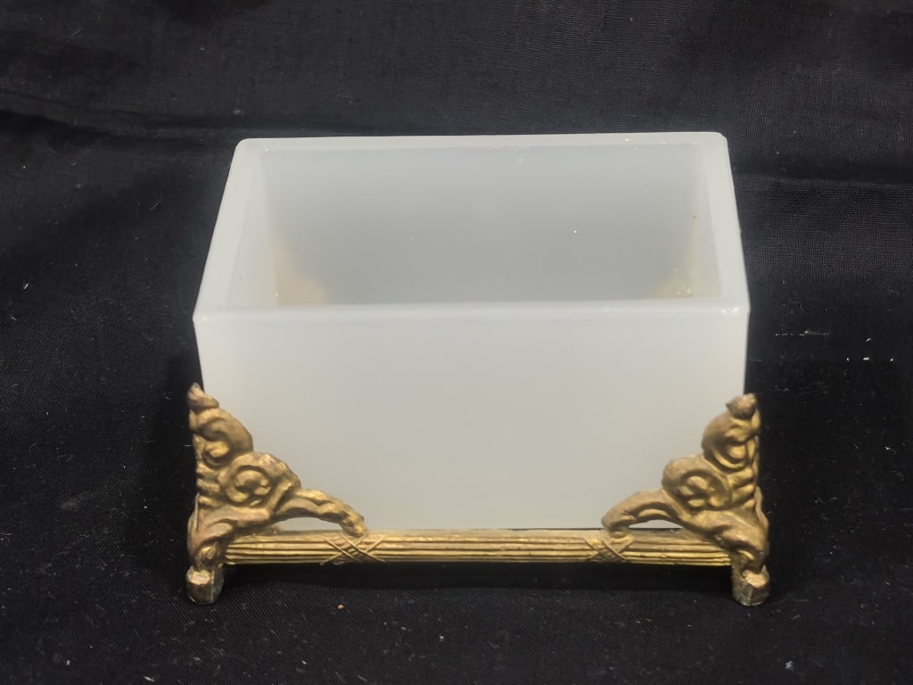 Vintage French Opaline Glass Trinket Box on Gilt B: Vintage French Opaline Glass Trinket Box on Gilt Brass Stand, 4in by 3in by 2.25in