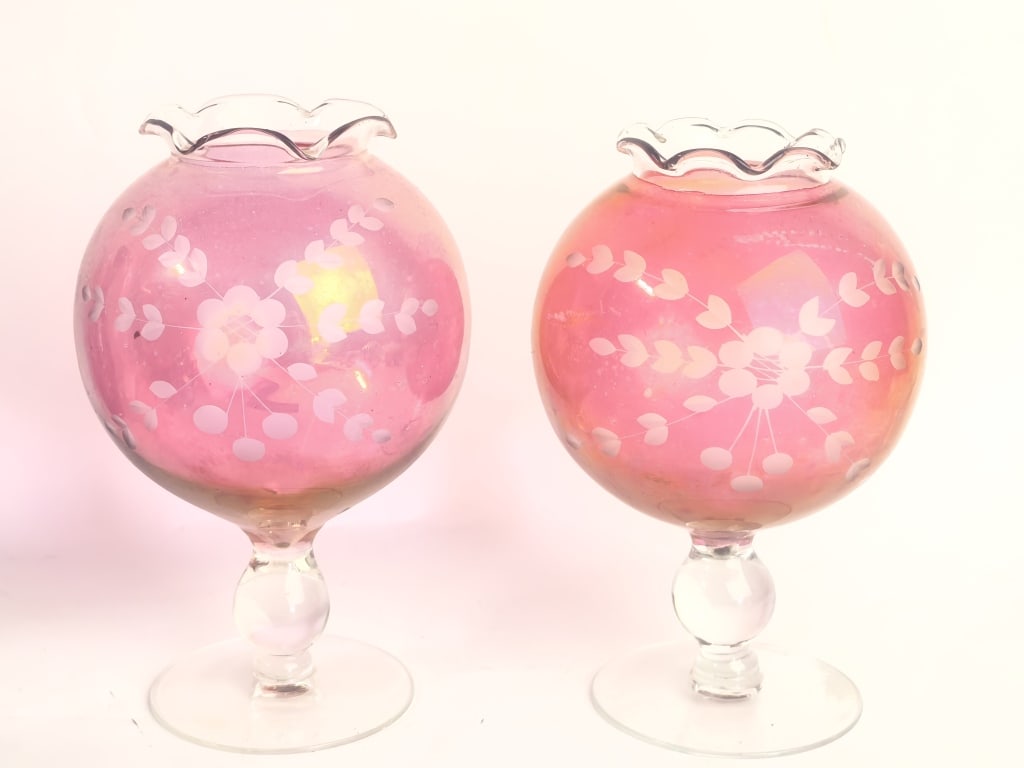 Pr. of Victorian Cranberry Glass Acid-Etched Pedes (1 of 4)