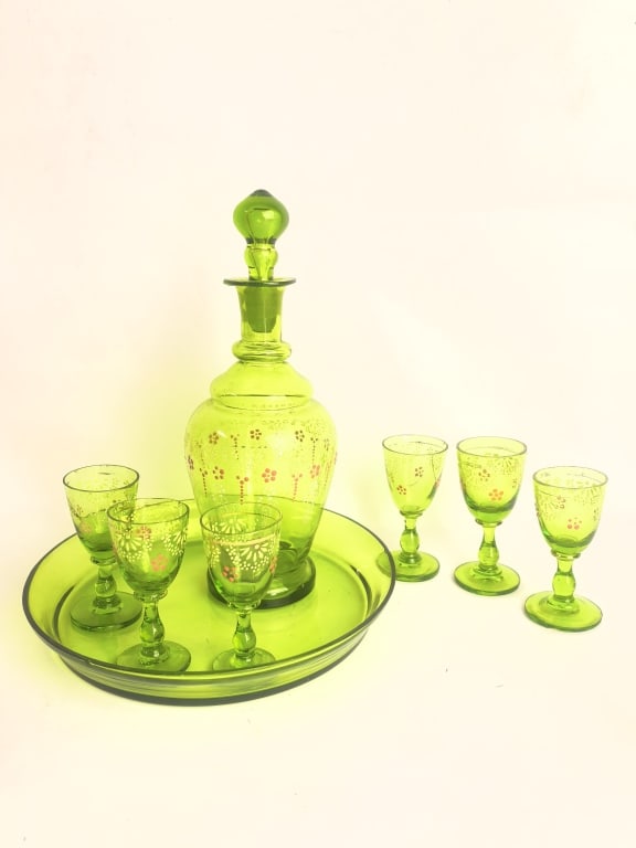 Bohemian Hand-Painted Green Uranium Glass Liqueur (1 of 7)