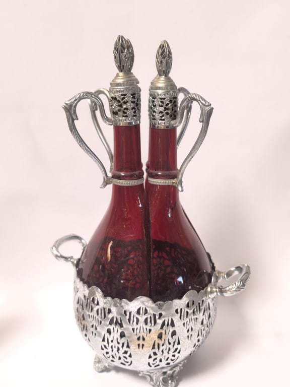Vintage Ruby Glass Dual Oil & Vinegar Cruet Set (1 of 4)