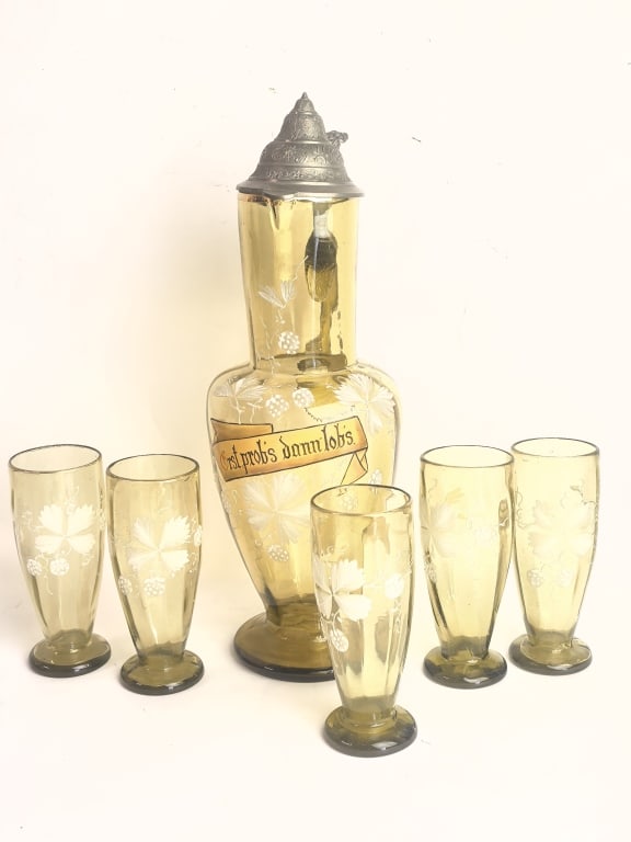 Vintage German Amber Glass Pewter-Mounted Flagon a (1 of 5)