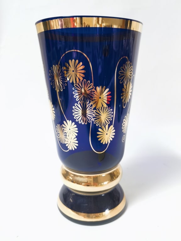 Vintage Bohemian Gilt Cobalt Blue Glass Vase: Vintage Bohemian Gilt Cobalt Blue Glass Vase, 9 7/8in