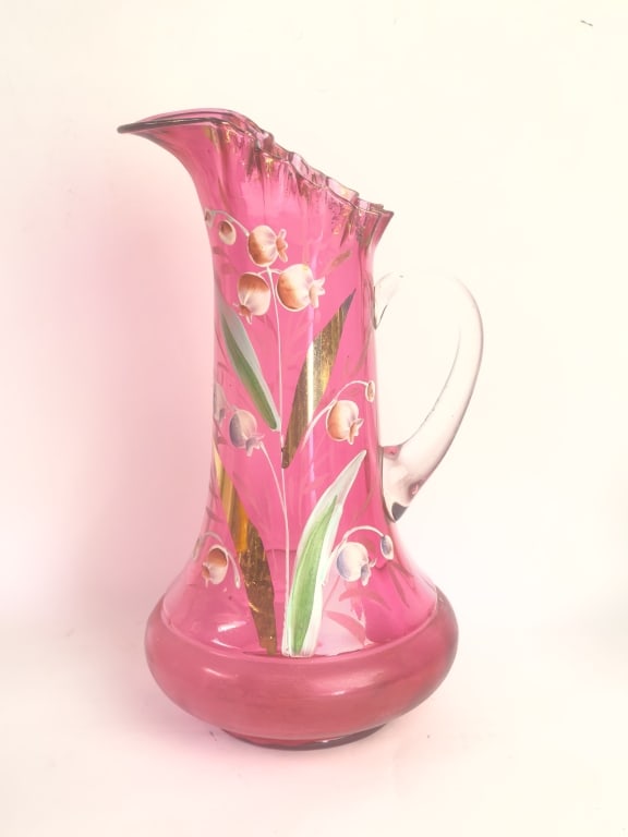 Antique Northwood Cranberry Glass Enameled Pitcher: Antique Northwood Cranberry Glass Enameled Pitcher, 12.25in by 6.5in